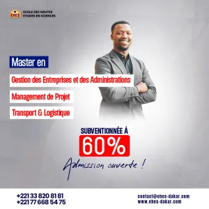 Graphisme publicitaire master avec homme souriant, texte sur formations et contact.