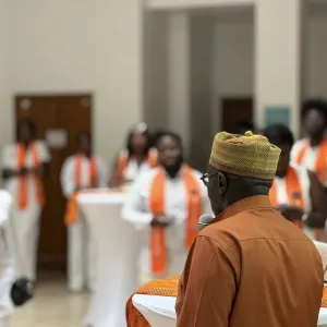 Photographie d'une personne parlant &agrave; un groupe en tenue blanche et &eacute;charpes orange.