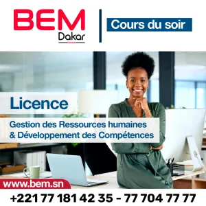Photographie d'une femme souriante dans un bureau. Logo BEM Dakar.