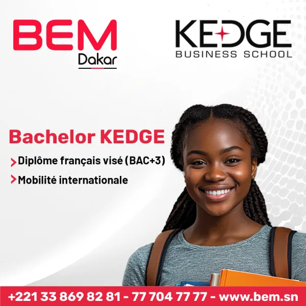 Jeune femme souriante avec un sac &agrave; dos, logos BEM et KEDGE.